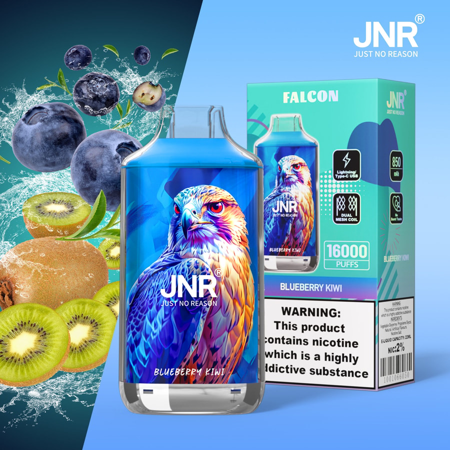Vape desechable JNR con un diseño de halcón, etiquetado como "Blueberry Kiwi", junto a su envase, con una advertencia sobre la nicotina e imágenes de arándanos y kiwis.
