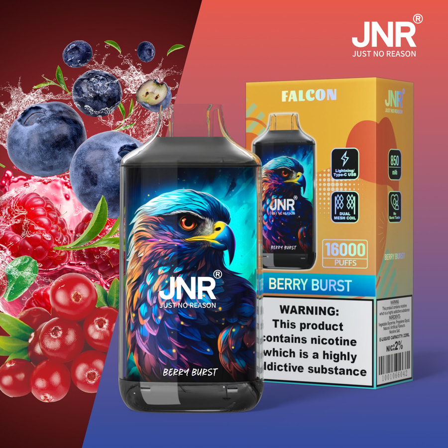 Vapeador desechable JNR Berry Burst con una vibrante ilustración de halcón, envase con 16.000 caladas, batería de 850 mAh y advertencia de nicotina. El fondo incluye arándanos, frambuesas y arándanos rojos.