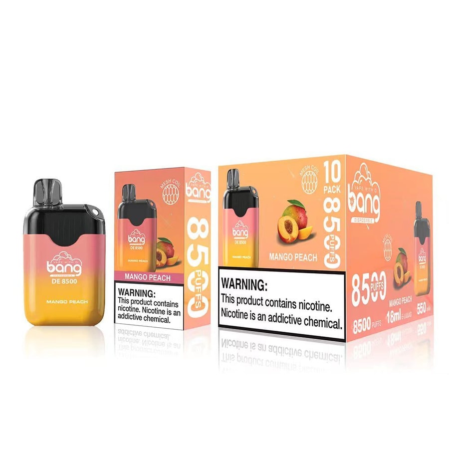 Emballage et appareil de vape jetable Bang, avec saveur « Mangue Pêche » avec 8 500 bouffées, avertissant que la nicotine est un produit chimique addictif.