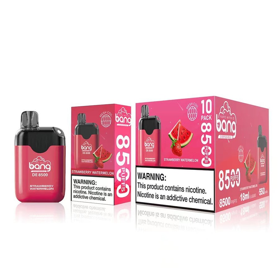 Emballage de vape jetable Red Bang DE 8500 avec la saveur fraise pastèque, étiqueté « 8500 bouffées » et un avertissement sur la nicotine.