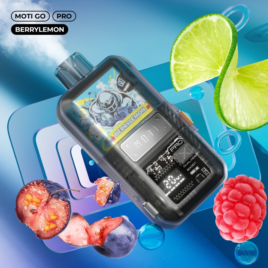 Un dispositivo da svapo MOTI GO PRO al gusto Berry Lemon, caratterizzato da un design futuristico, circondato da fette di lime, lamponi e immagini di bacche su sfondo blu.