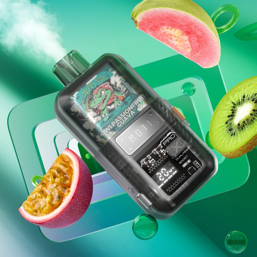 Dispositivo da svapo caratterizzato da una grafica con la scritta "KIWI PASSIONFRUIT GUAVA", circondata da fette di kiwi, frutto della passione e guava su uno sfondo colorato e sfumato.