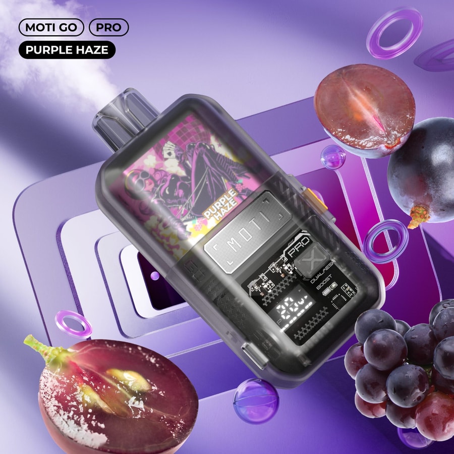 Un elegante dispositivo per il vaping MOTI GO PRO con l'etichetta "Purple Haze", circondato da toni viola, immagini di uva e fumo.