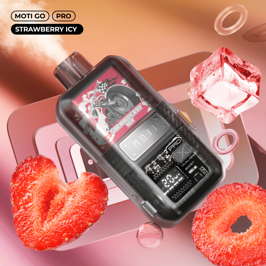 Un dispositivo per il vaping MOTI GO PRO con l'etichetta "Strawberry Icy", circondato da immagini di fragole, cubetti di ghiaccio e toni rosa tenui.