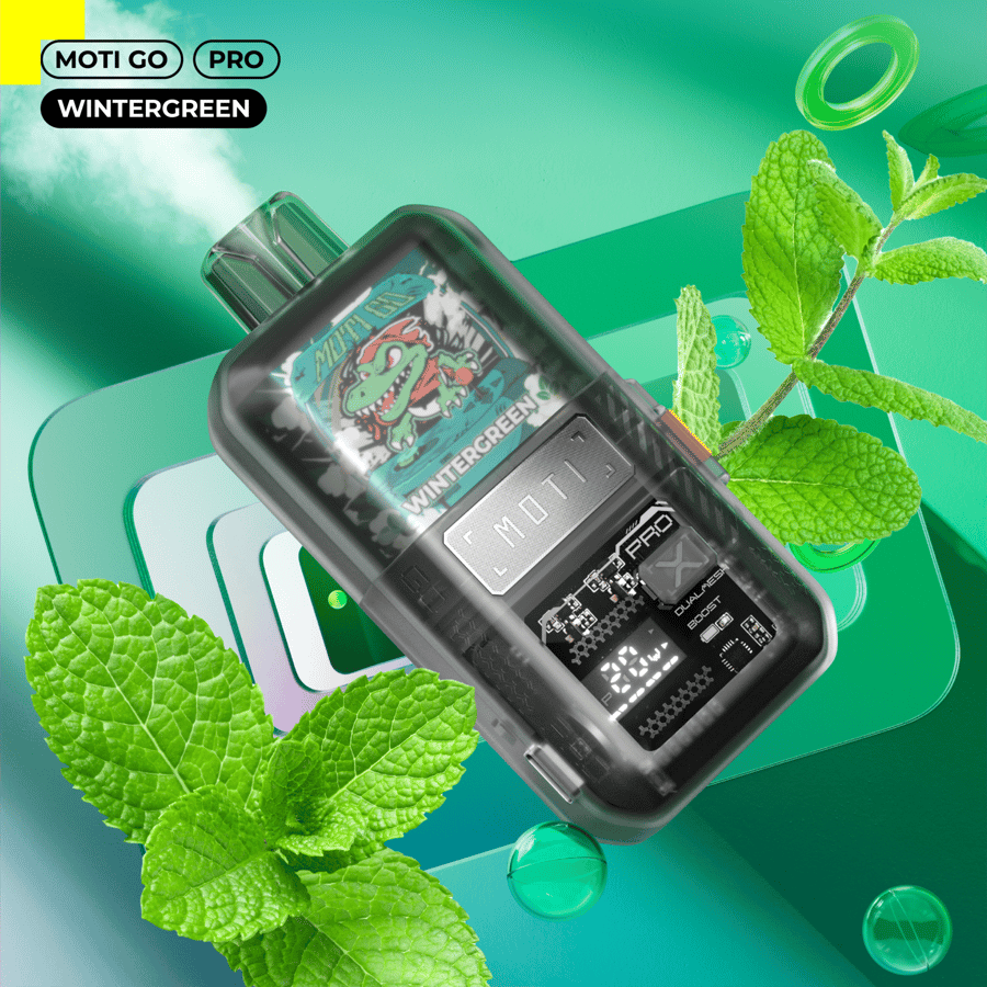 Dispositivo da svapo MOTI GO PRO al gusto Wintergreen, con foglie di menta e sfondo verde.