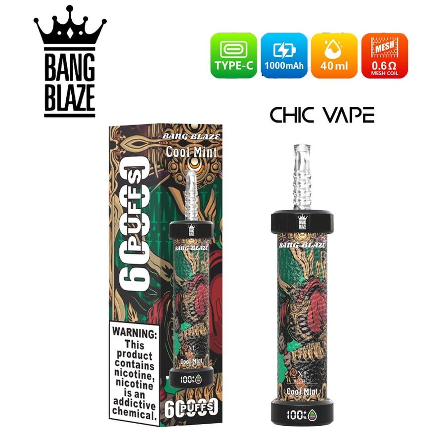Bang Blaze 60000 Puffs DTL Vape ofrece nicotina 0%, 2%, 3% y 5%, capacidad de 40 ml, batería de 1000 mAh, resistencia de malla y pantalla LED. Disfruta de sabores intensos, nubes densas y un rendimiento duradero en 10 sabores, en cajas de 8 unidades.