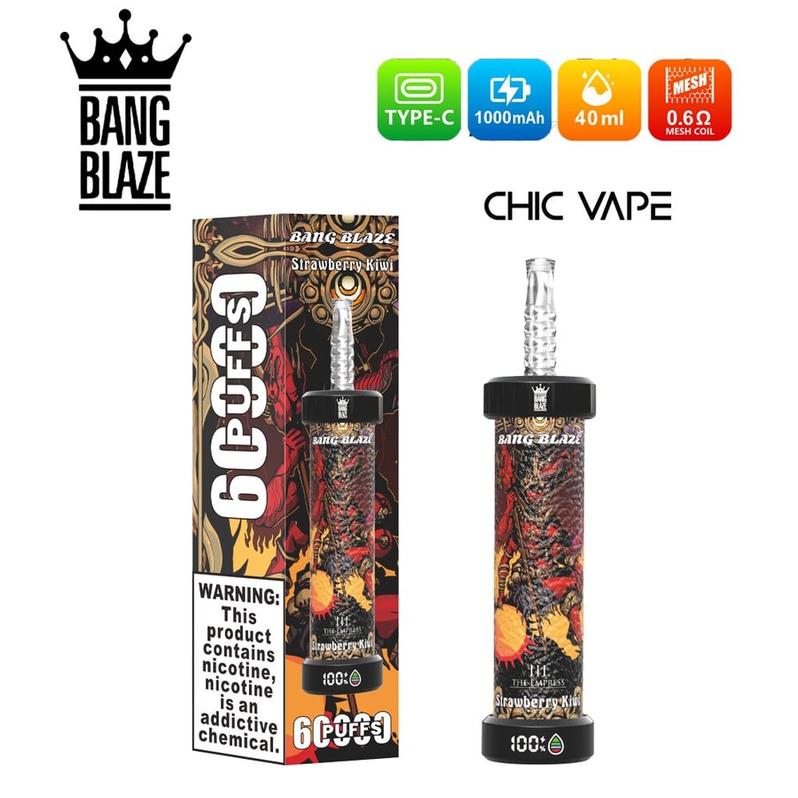 Bang Blaze 60000 Puffs DTL Vape ofrece nicotina 0%, 2%, 3% y 5%, capacidad de 40 ml, batería de 1000 mAh, resistencia de malla y pantalla LED. Disfruta de sabores intensos, nubes densas y un rendimiento duradero en 10 sabores, en cajas de 8 unidades.