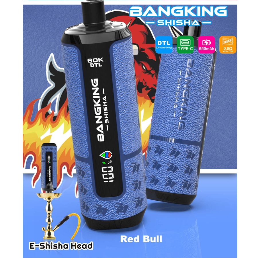 Blue E-shisha head vape device with red flame background and “BANCKING SHISHA” branding text