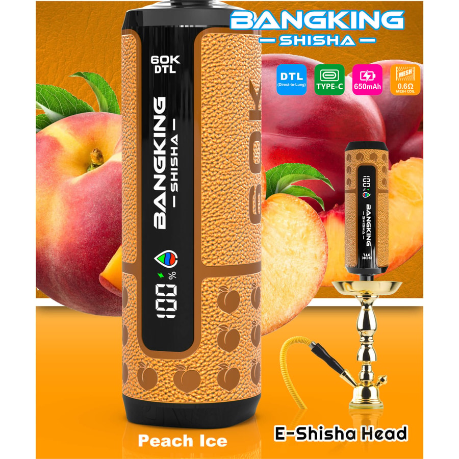 Bancking Shisha disposable vape device with “Peach Ice” flavor packaging and “E-Shisha Head” text