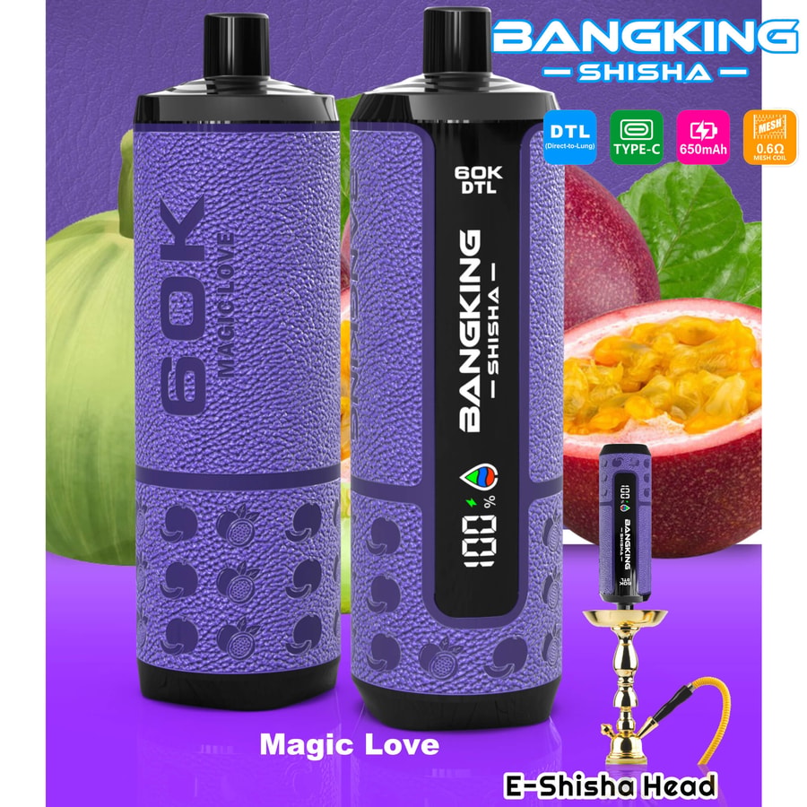 Promotional image of two purple BANGKING shisha bottles and an E-shisha head labeled Magic Love, 650mAh, DTl 60K DTL